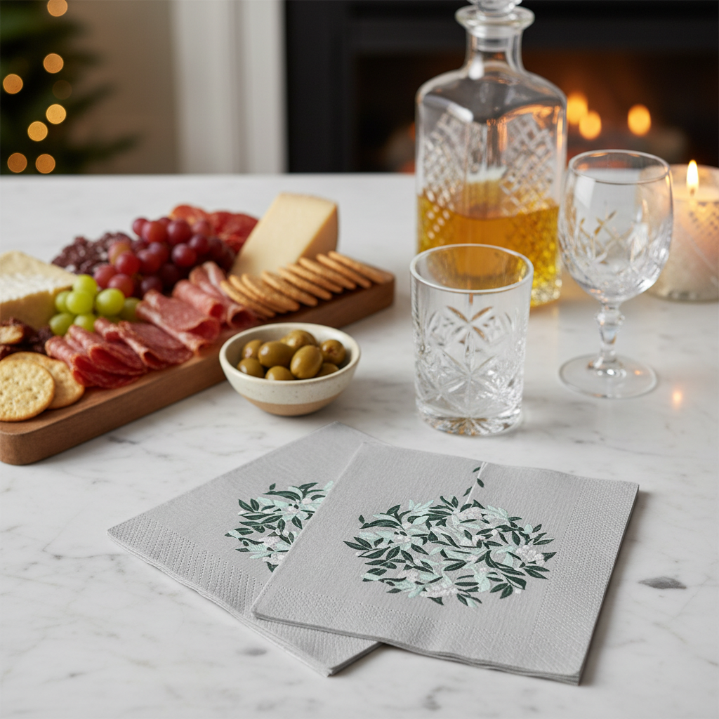 Serviettes Perles d'Hiver Argent - mise en situation marbre