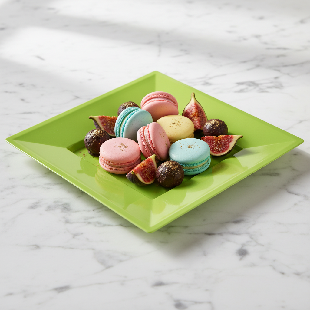 Assiette carrée anis 24cm sur marbre avec macarons et figues