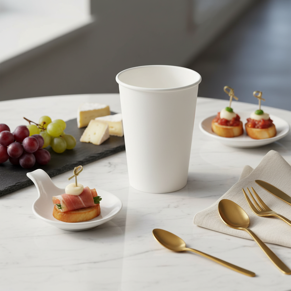 Grand gobelet carton blanc 45cl sur marbre avec canapés et fromages