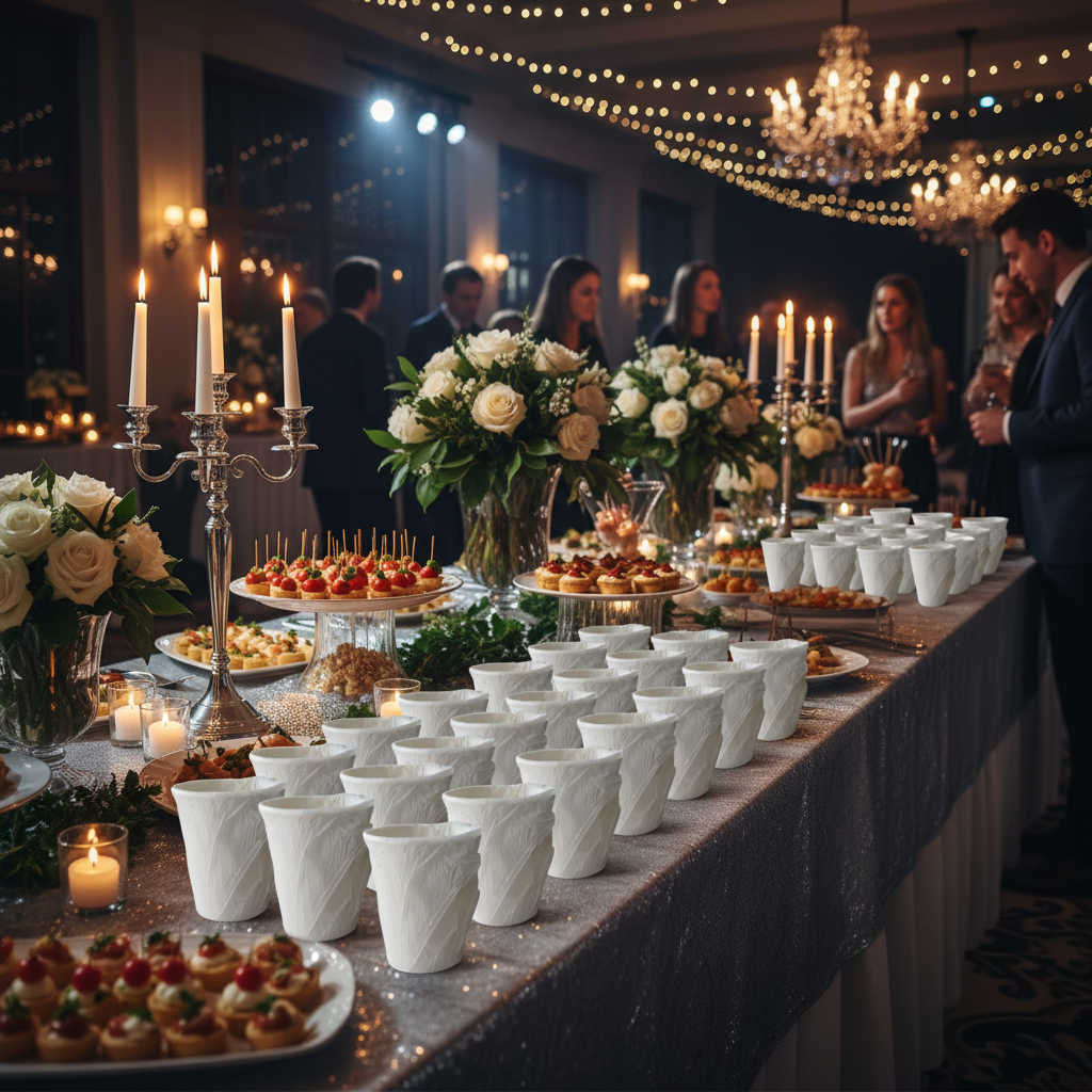 Gobelets carton emballage individuel sur buffet festif de réception cocktail