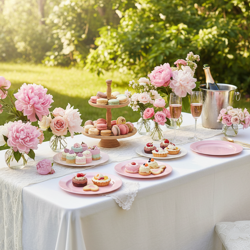 Assiettes rondes rose pastel 19 cm sur table desserts garden party avec macarons et champagne