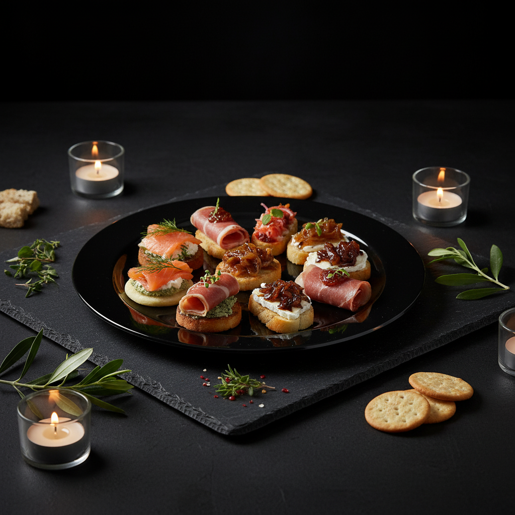 Assiette ronde noire 24cm sur ardoise avec canapés élégants