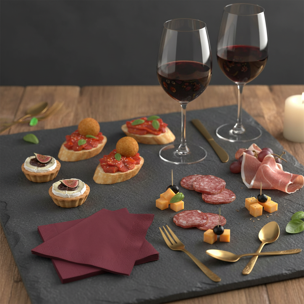 Serviette bordeaux biodégradable - mise en situation apéritif ardoise