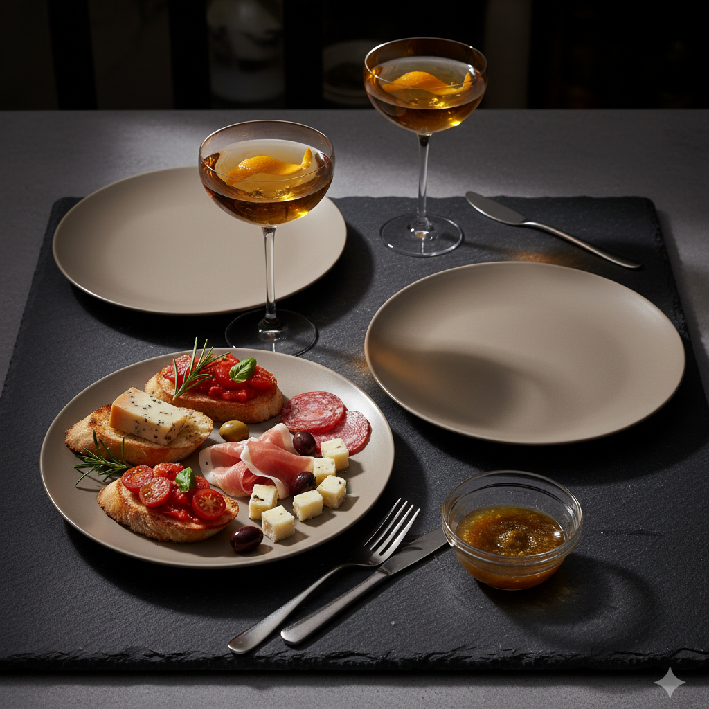 Assiette taupe sur ardoise avec apéritif élégant
