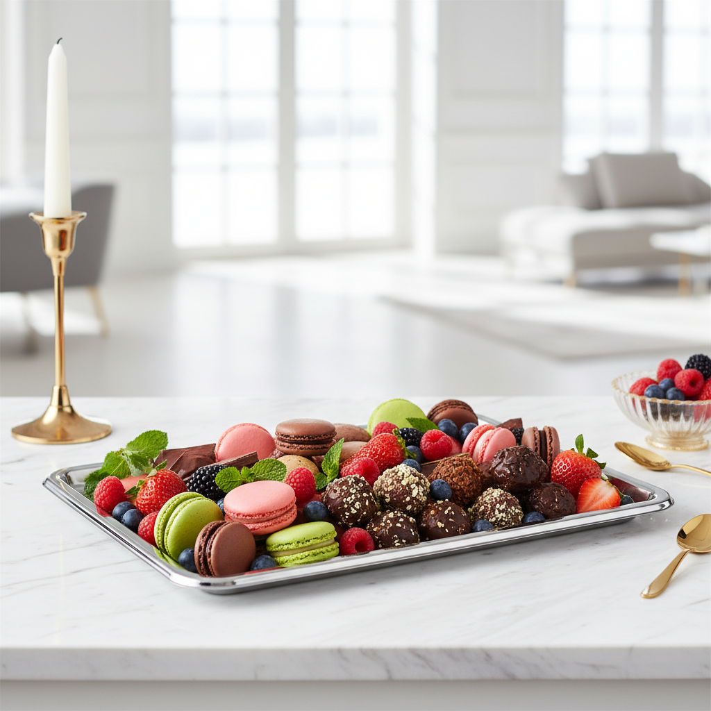 Plateau buffet 35x24cm PET recyclable argenté avec macarons sur marbre
