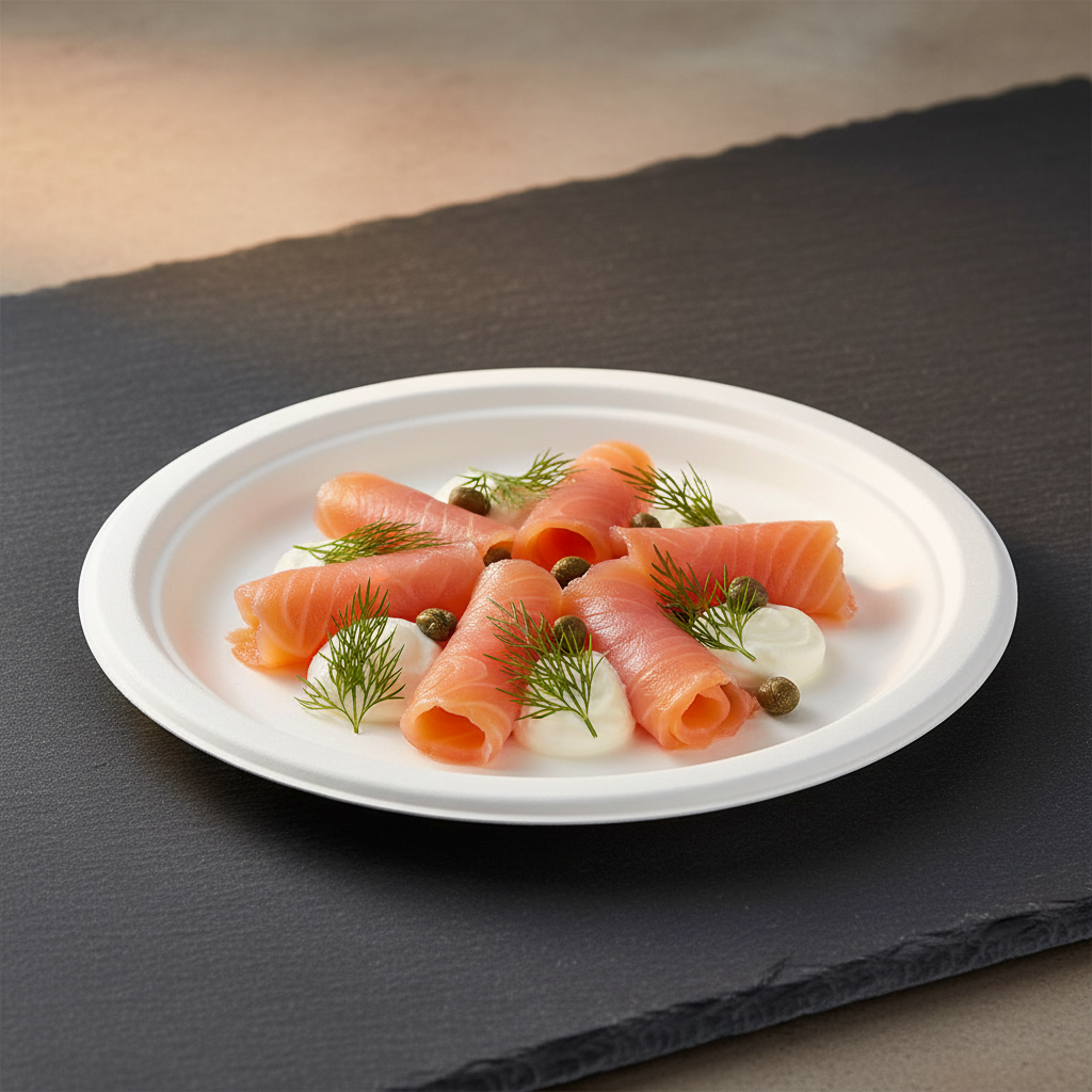 Assiette ronde canne à sucre 26 cm avec saumon fumé cream cheese et aneth sur ardoise, apéritif premium