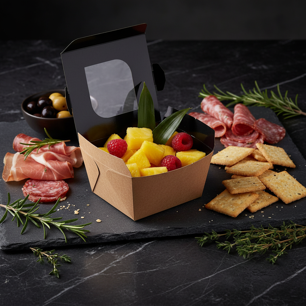 Barquette snacking kraft sur ardoise avec charcuterie et apéritif élégant