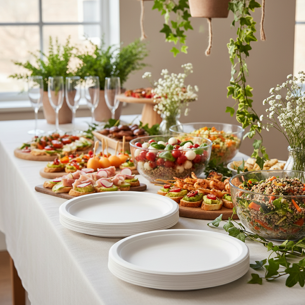 Assiettes rondes canne à sucre 26 cm sur buffet festif éco-responsable avec verdure et champagne