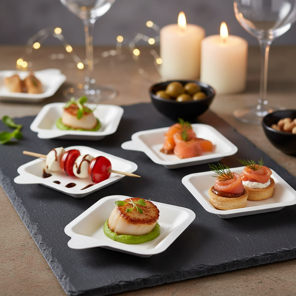 Mini assiettes pulpe blanche ardoise apéritif élégant