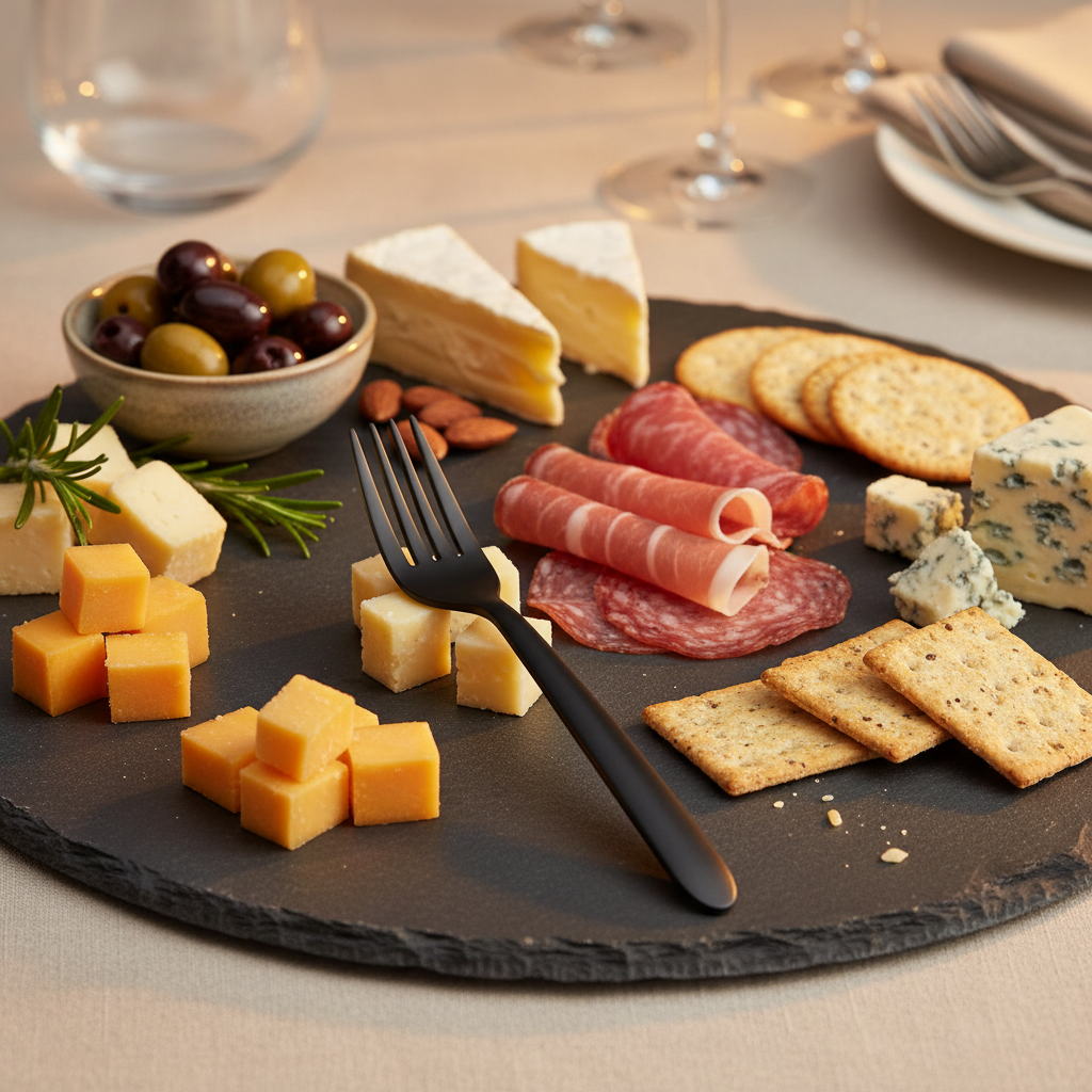 Fourchette noire Lux by Starck sur ardoise apéritif élégant