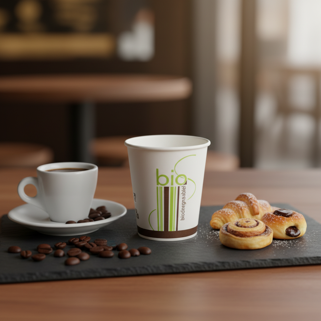 Gobelet biodégradable 10cl sur ardoise pause café élégante