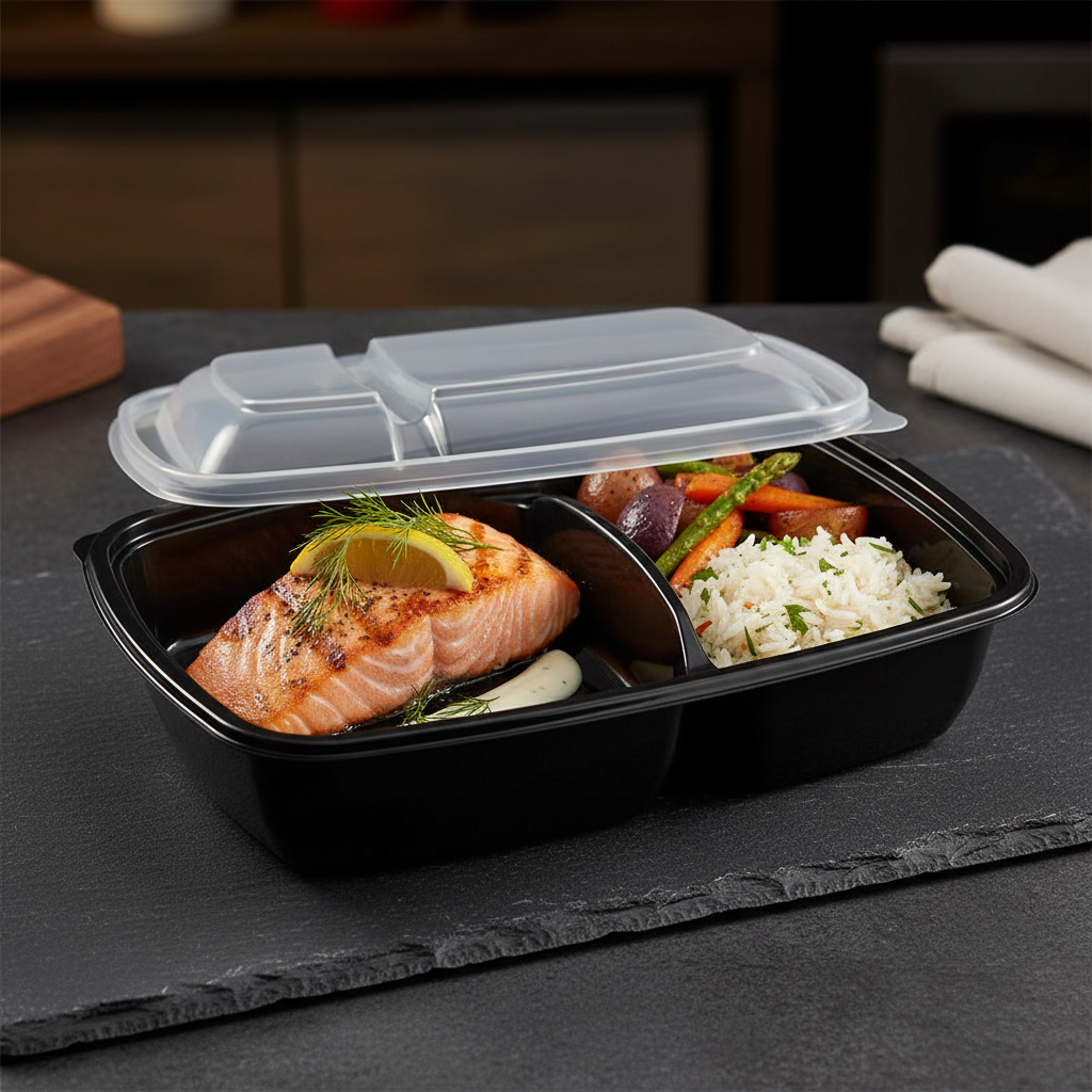 Boîte noire 2 compartiments couvercle PP repas traiteur élégant