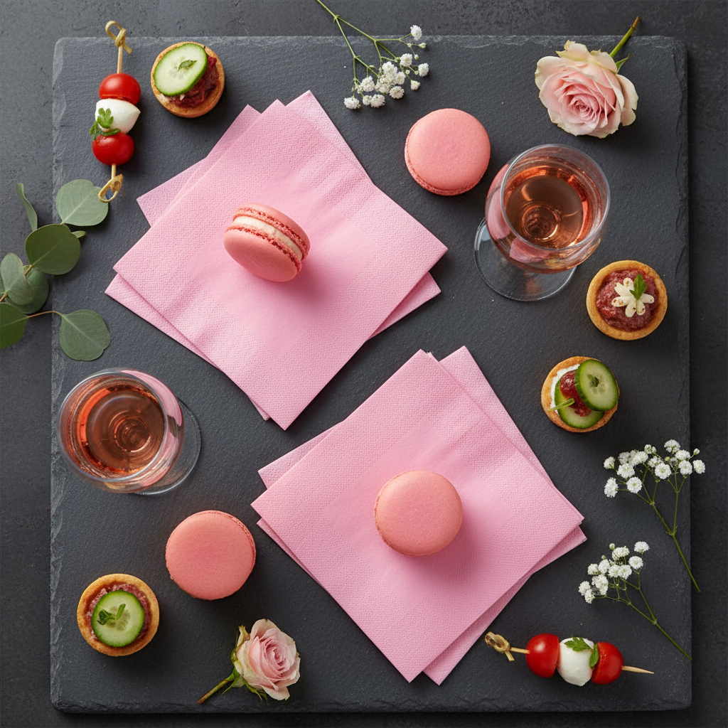 Serviette rose biodégradable - mise en situation apéritif ardoise