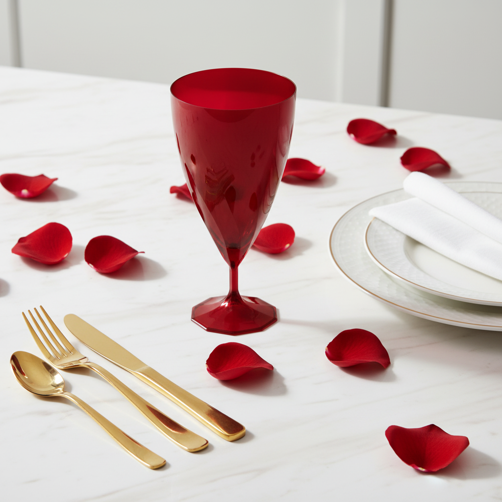Verre rouge carmin torsadé sur marbre blanc décoration mariage