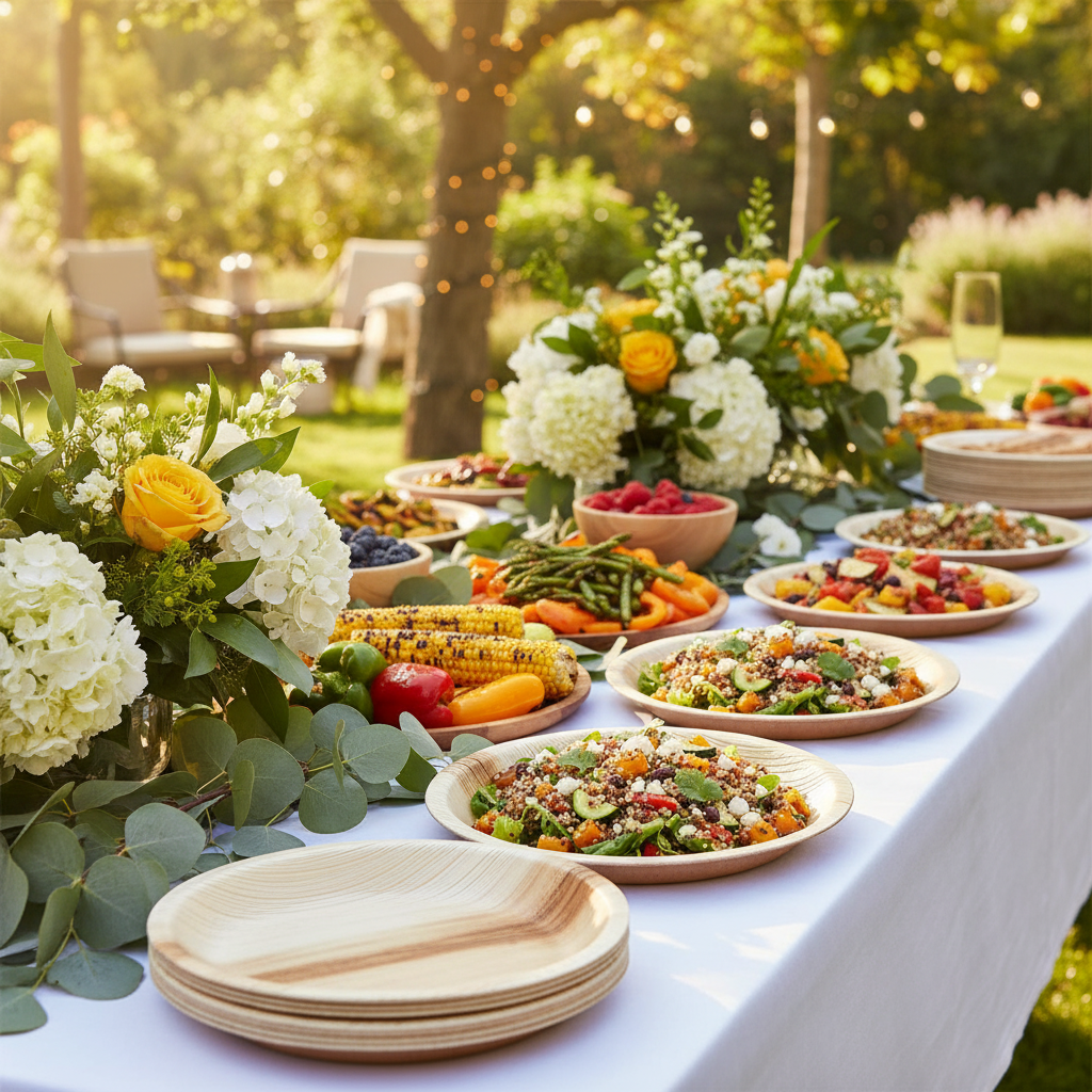 Assiettes rondes palmier 24 cm sur buffet garden party outdoor avec salades et fruits frais