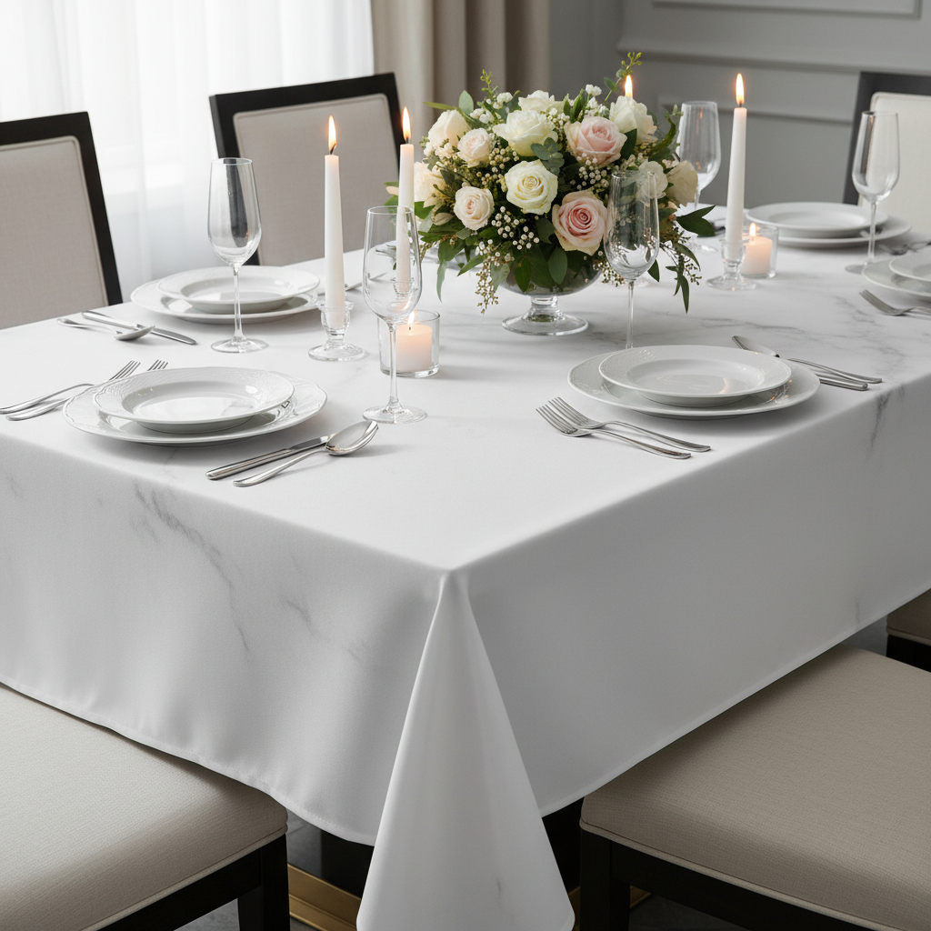 Nappe blanche sur table marbre dîner festif
