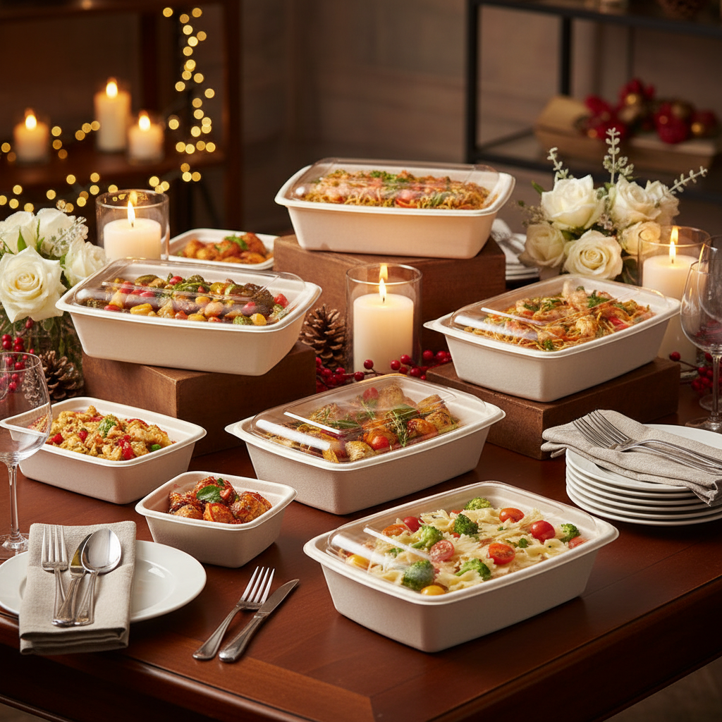 Barquette bagasse blanche couvercle transparent – buffet festif élégant