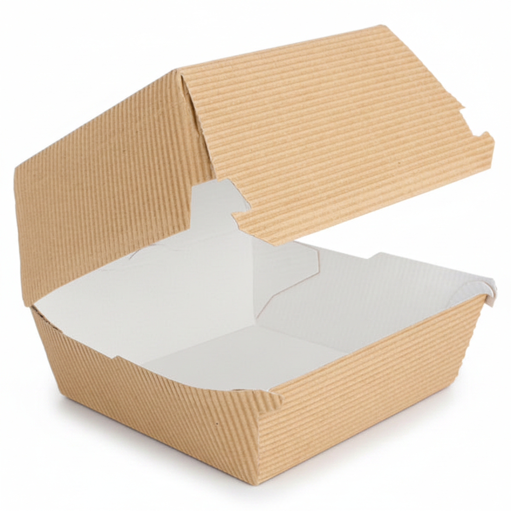 Boîte burger kraft ondulée – photo studio fond blanc