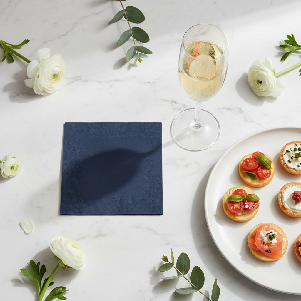 Serviette bleu marine sur marbre - table luxe