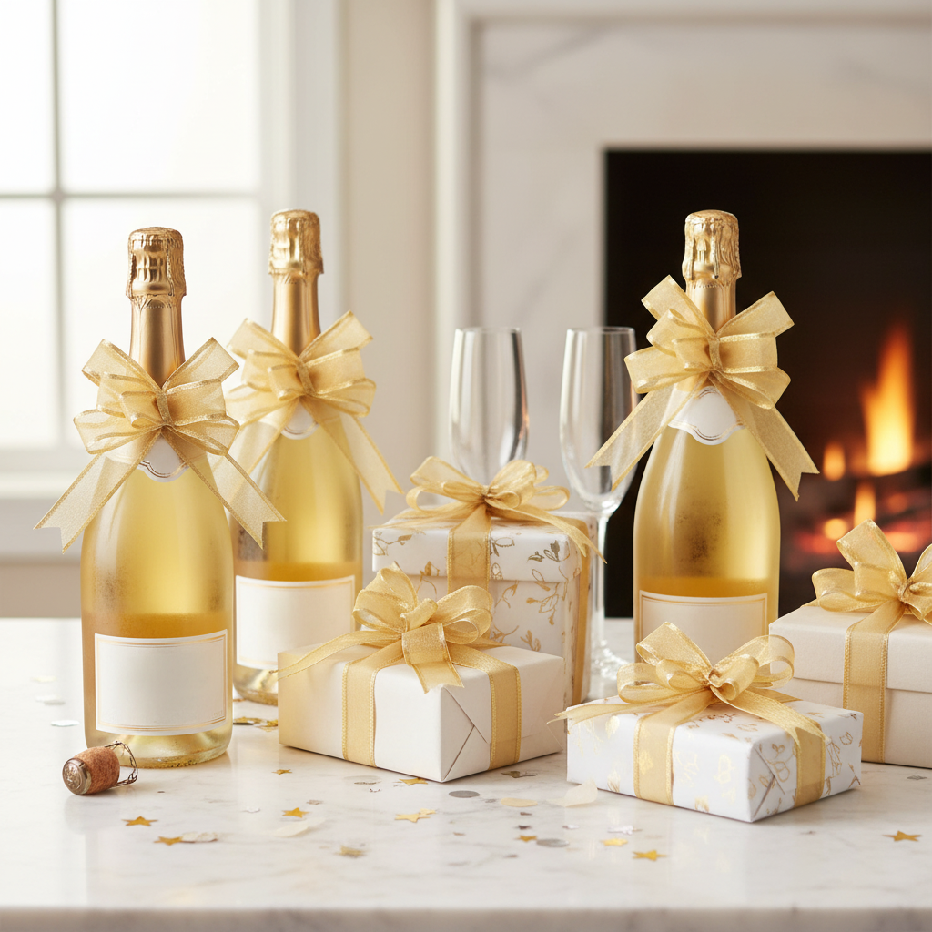 Nœuds organdi or bouteilles champagne marbre festif