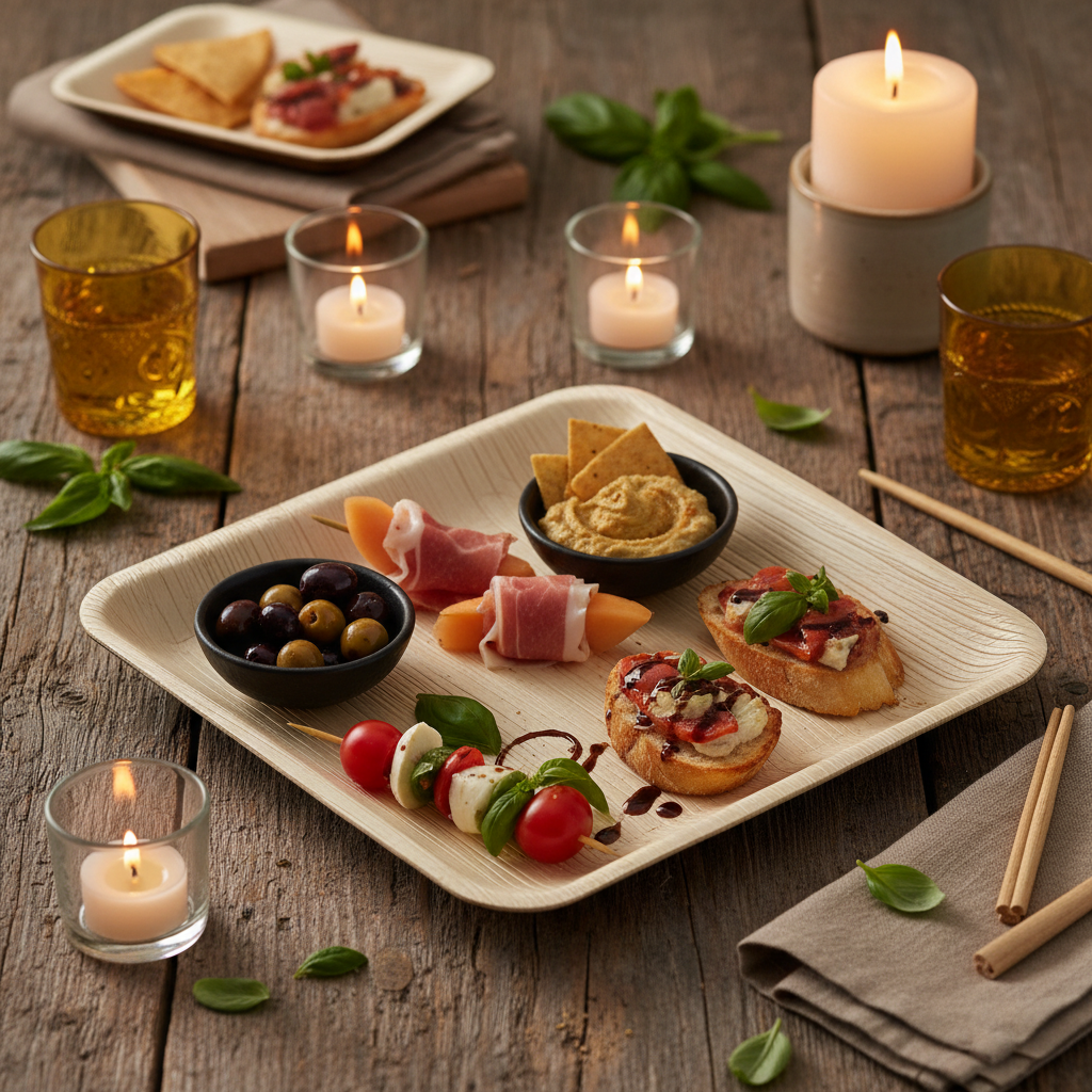 Assiette carrée palmier avec tapas et amuse-bouches sur table en bois rustique