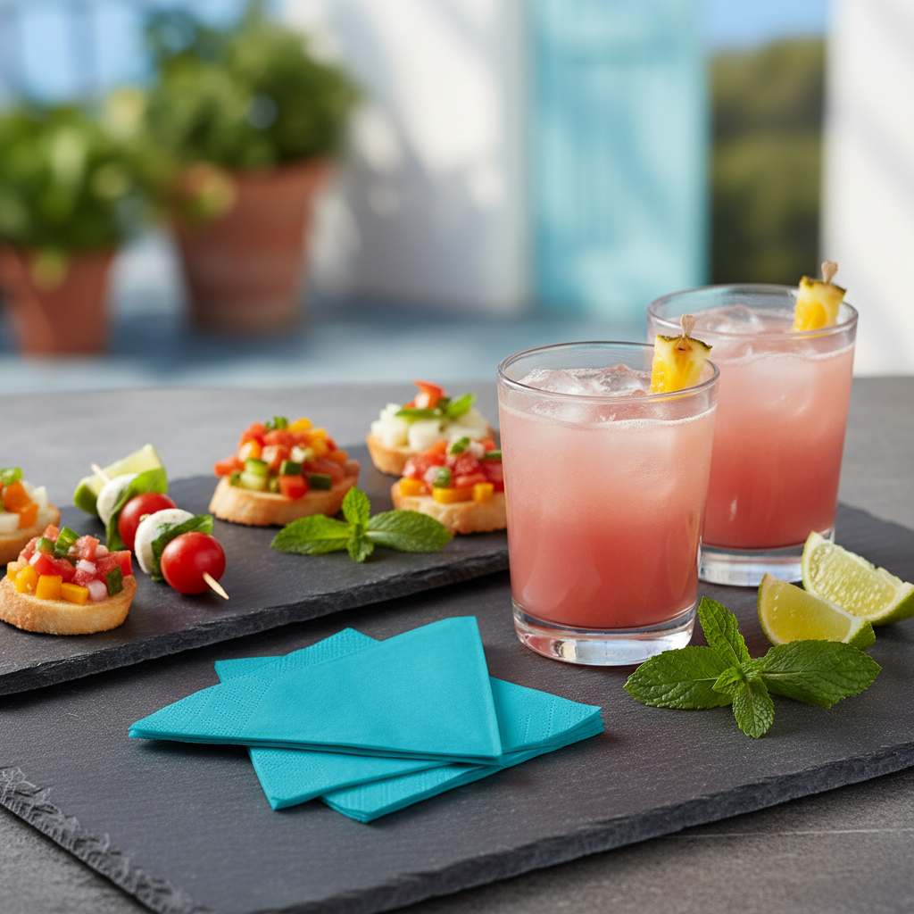 Serviette turquoise biodégradable - mise en situation apéritif ardoise