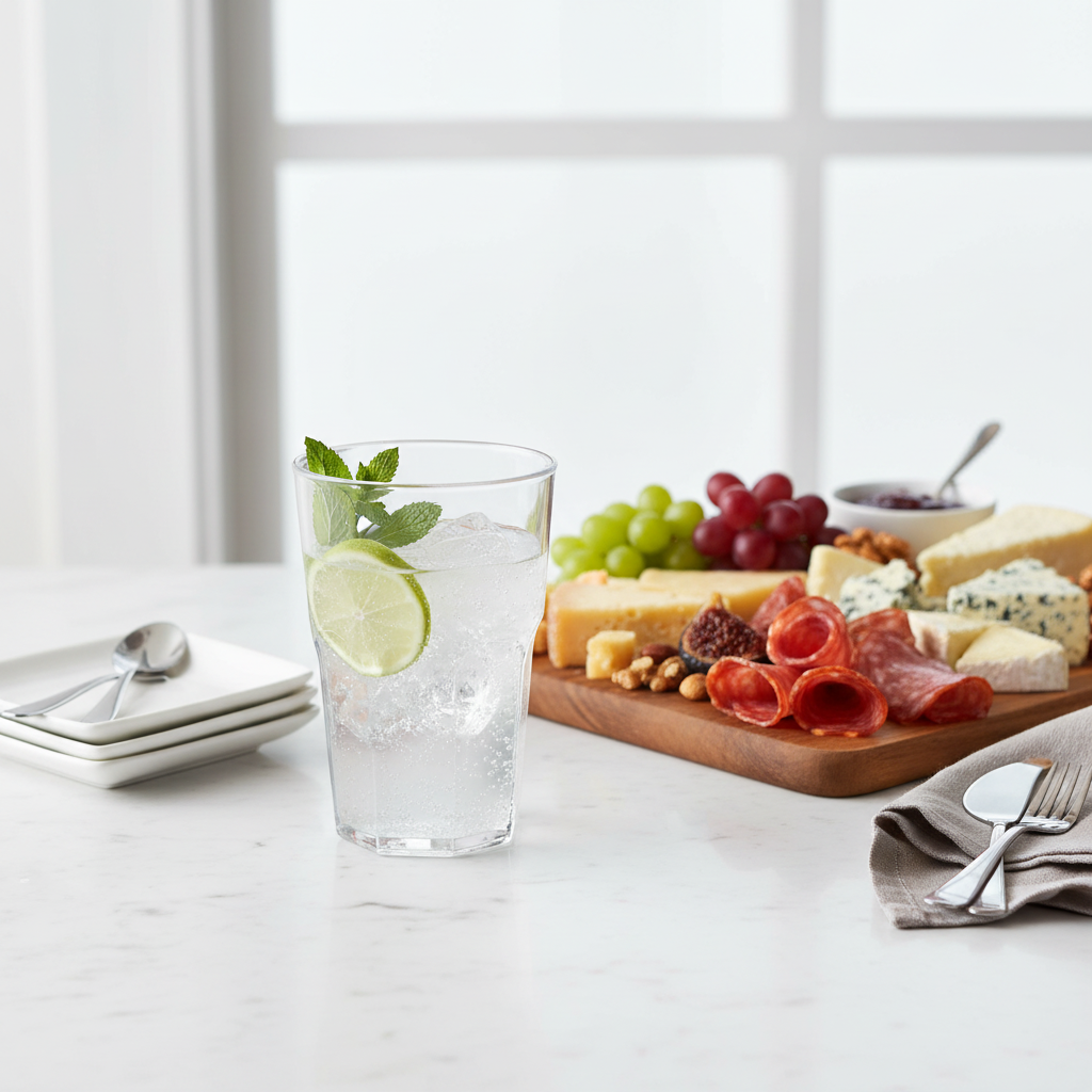 Verre cocktail incassable transparent 42 cl sur marbre blanc avec apéritif sophistiqué
