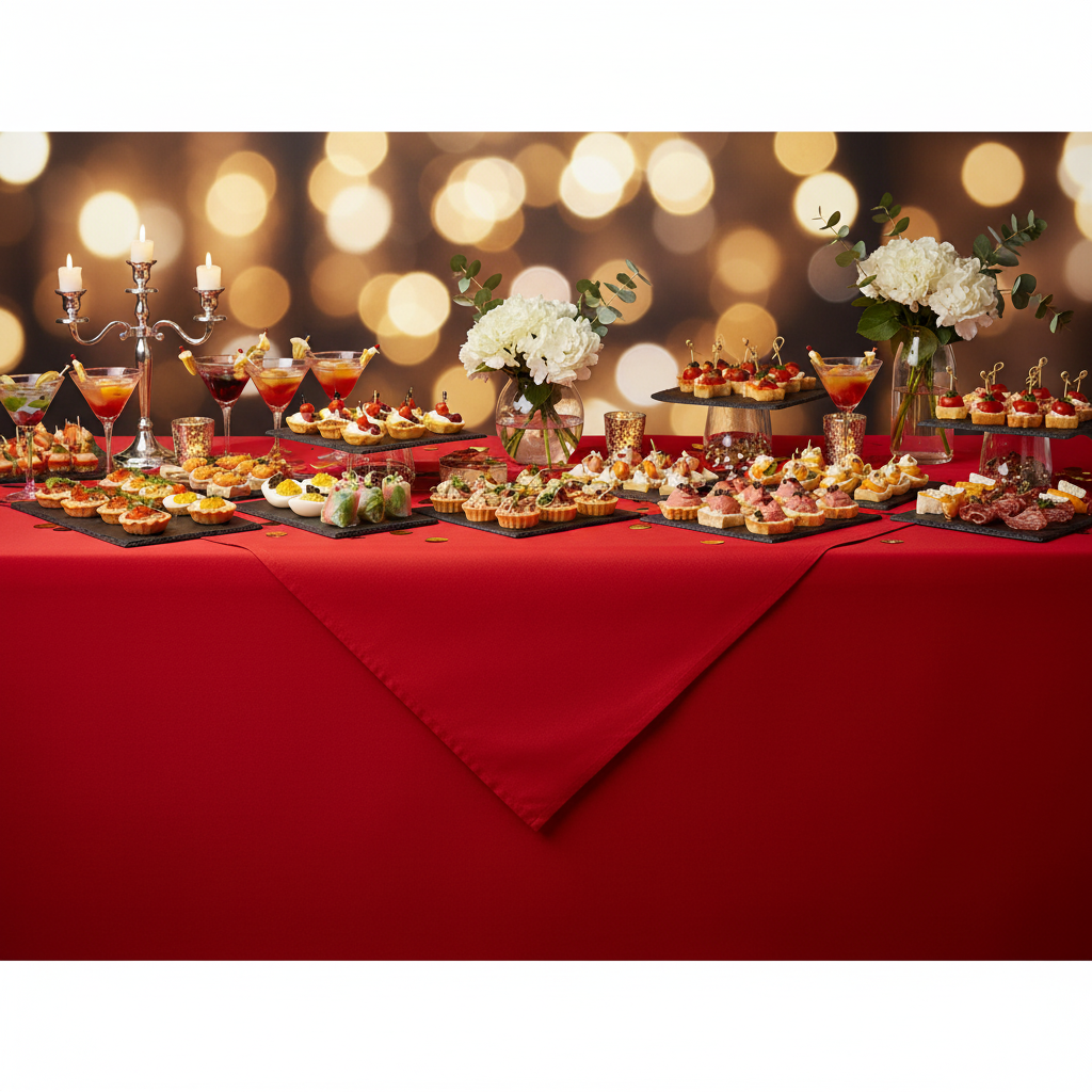 Nappe rouge vif buffet festif élégant
