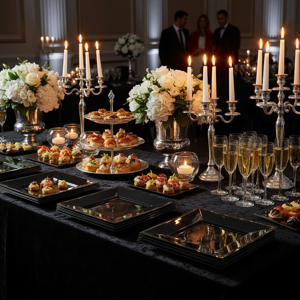Assiettes carrées noires 24 cm sur buffet gala black-tie avec champagne et fleurs blanches