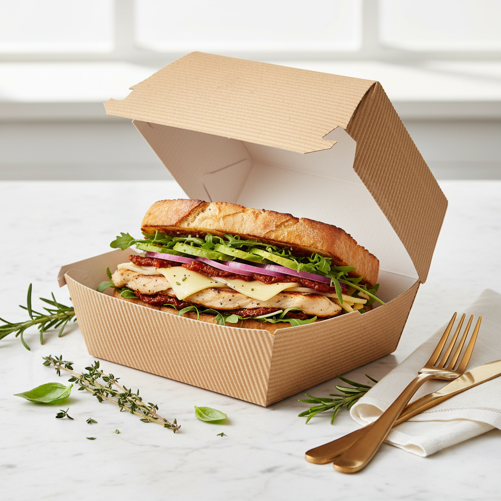 Boîte burger kraft ondulée – mise en situation sur marbre