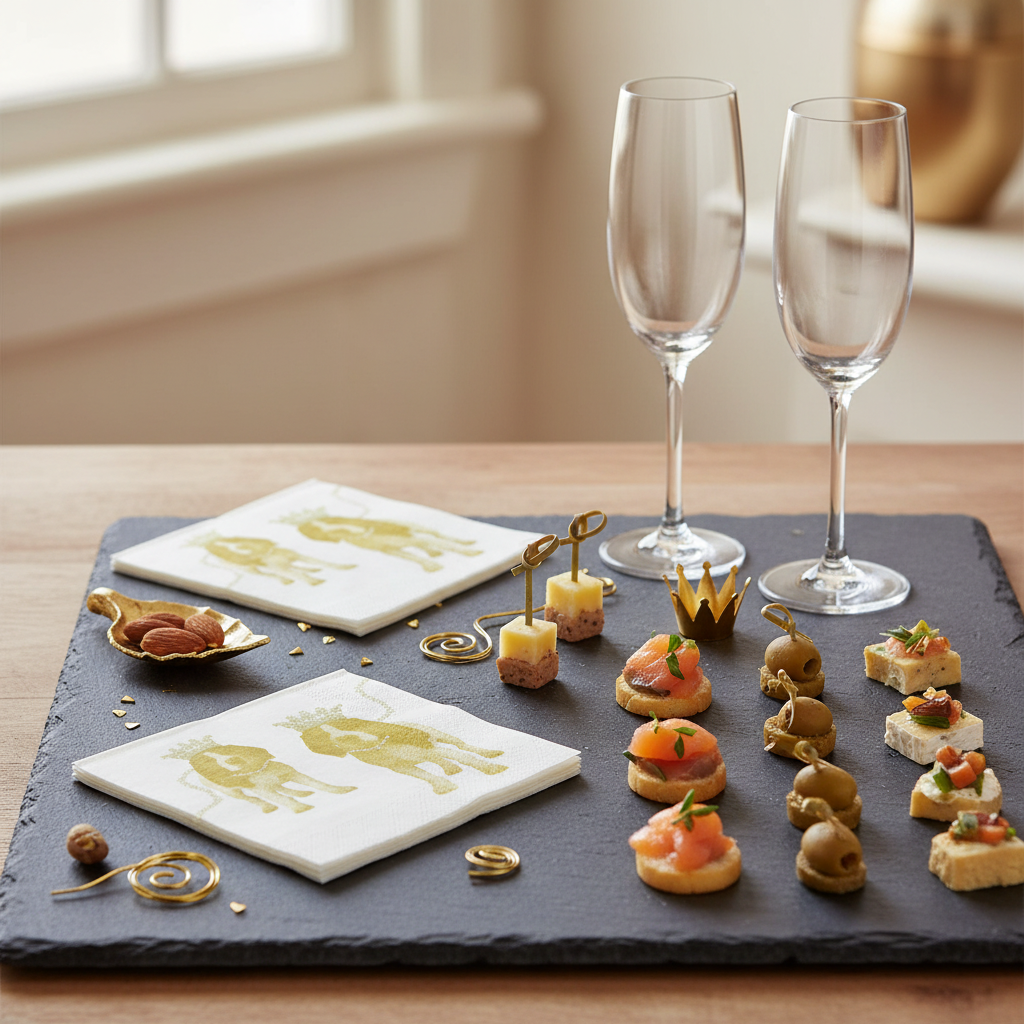Serviette chiots dorés - mise en situation apéritif ardoise