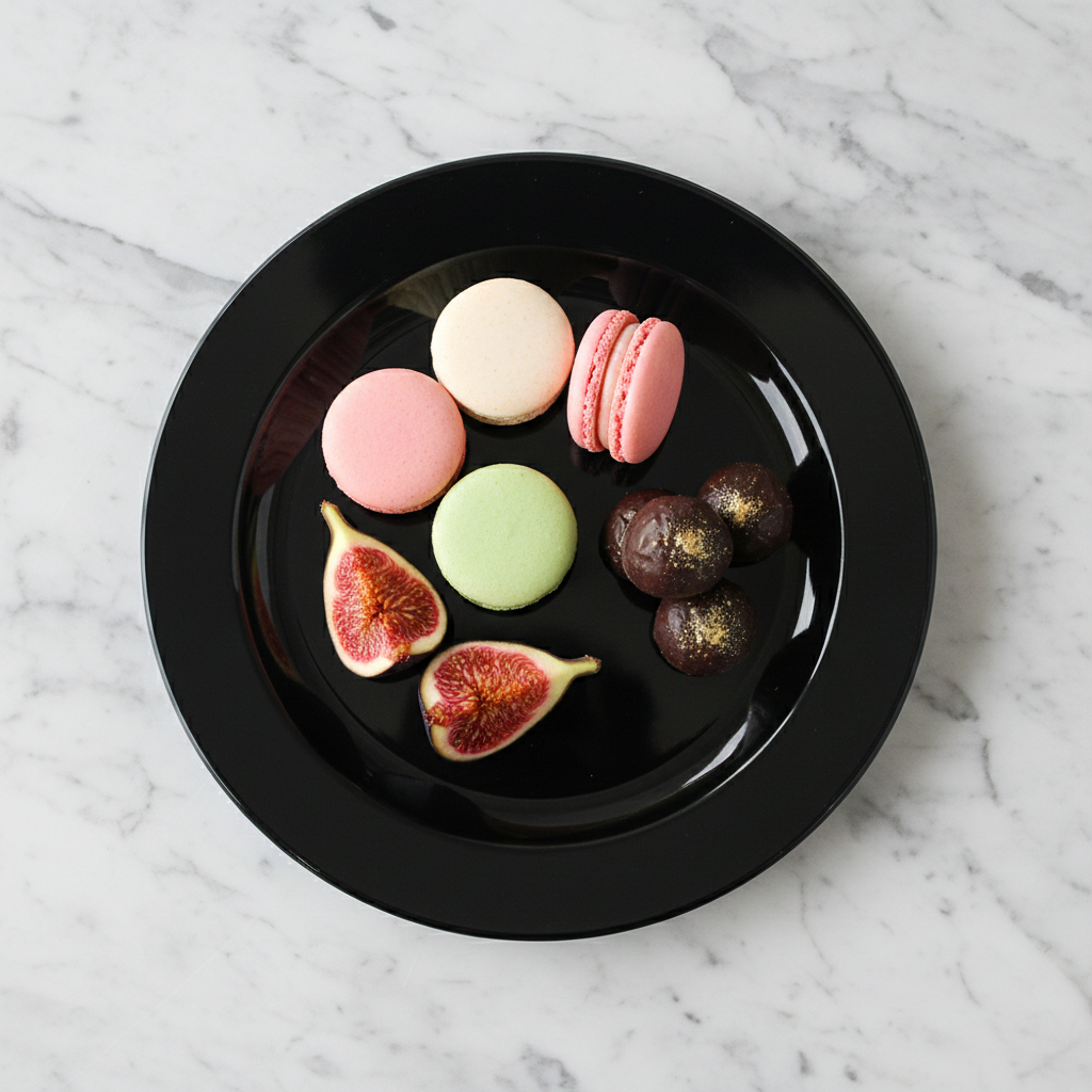Assiette ronde noire 24cm sur marbre avec macarons et figues