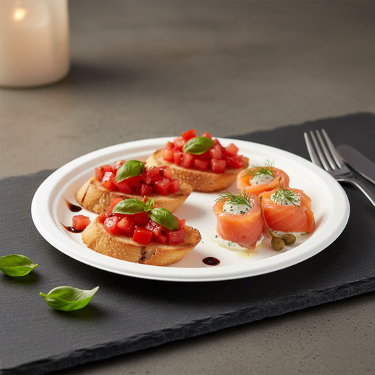 Assiette ronde canne à sucre 18 cm avec bruschetta et bouchées saumon fumé sur ardoise, apéritif premium