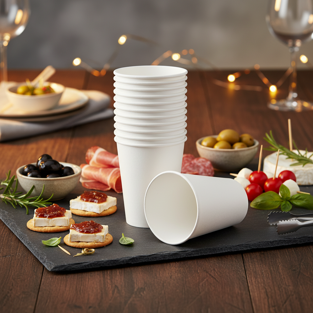 Gobelets carton kraft blanc sur ardoise avec apéritif élégant