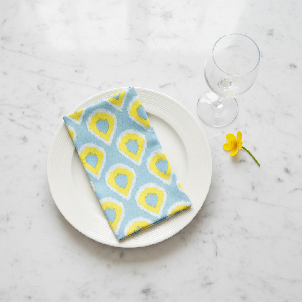 Serviette Paviot Ikat jaune pliée sur assiette blanche fond marbre