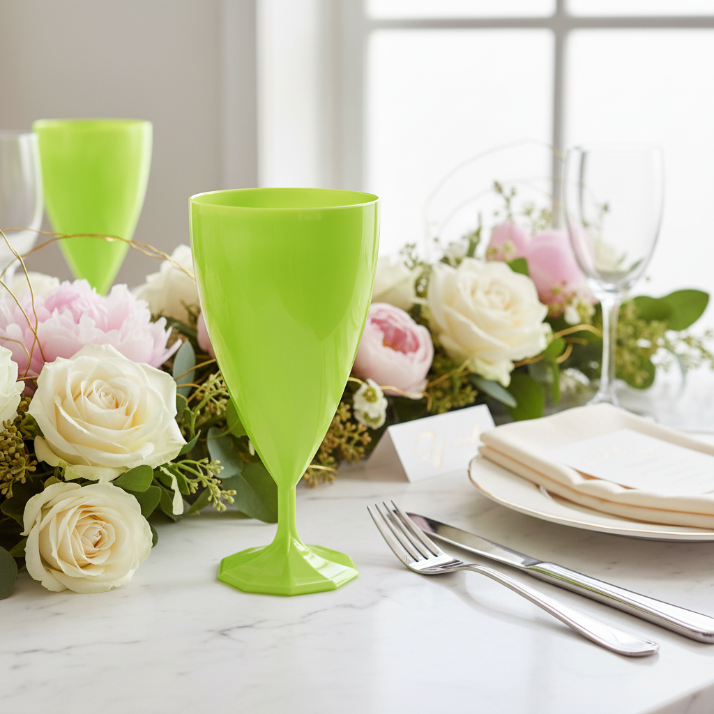 Verre vert anis torsadé sur marbre blanc décoration mariage