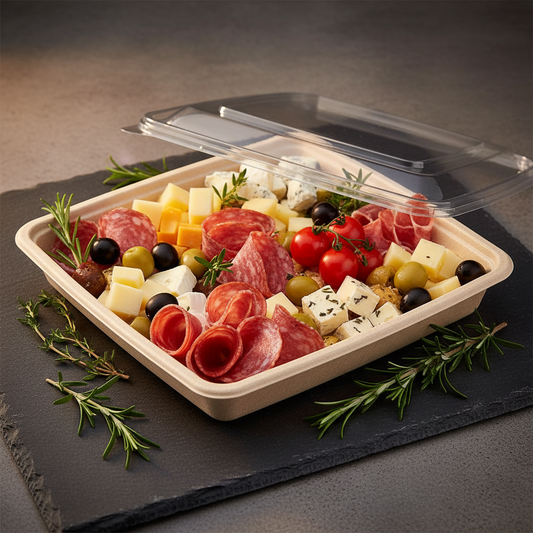Barquette be pulp carrée 23x23 cm garnie de charcuterie et fromages sur ardoise, apéritif élégant