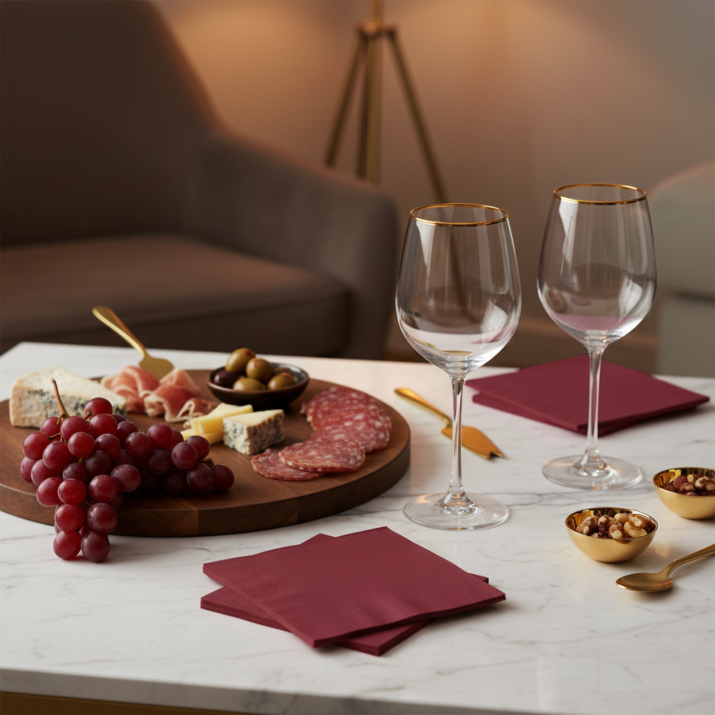 Serviette bordeaux biodégradable - mise en situation marbre