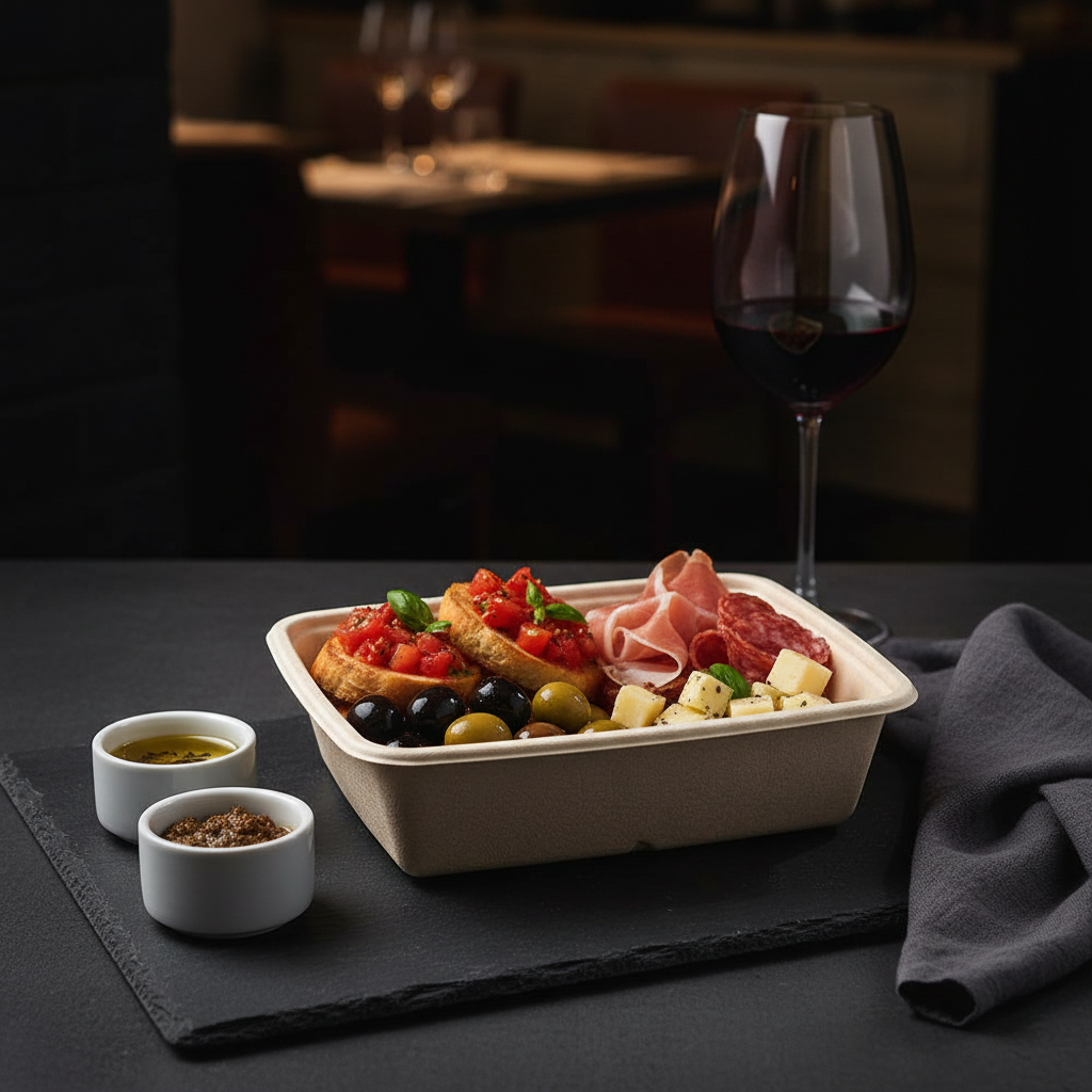 Barquette bagasse naturelle – mise en situation apéritif sur ardoise