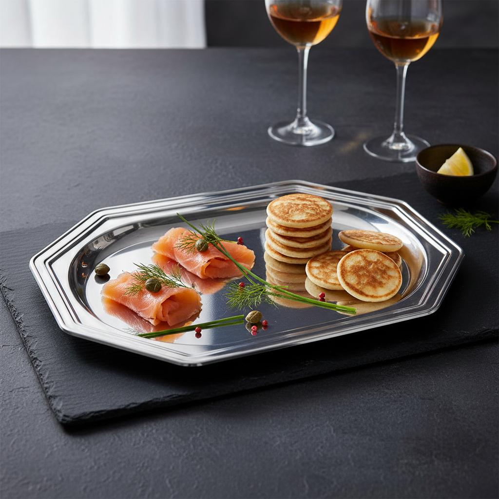 Plat octogonal 27x19cm argenté avec saumon fumé sur ardoise