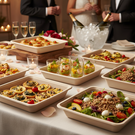 Plusieurs barquettes carrées bio en pulpe sur buffet festif avec verrines et coupes de champagne