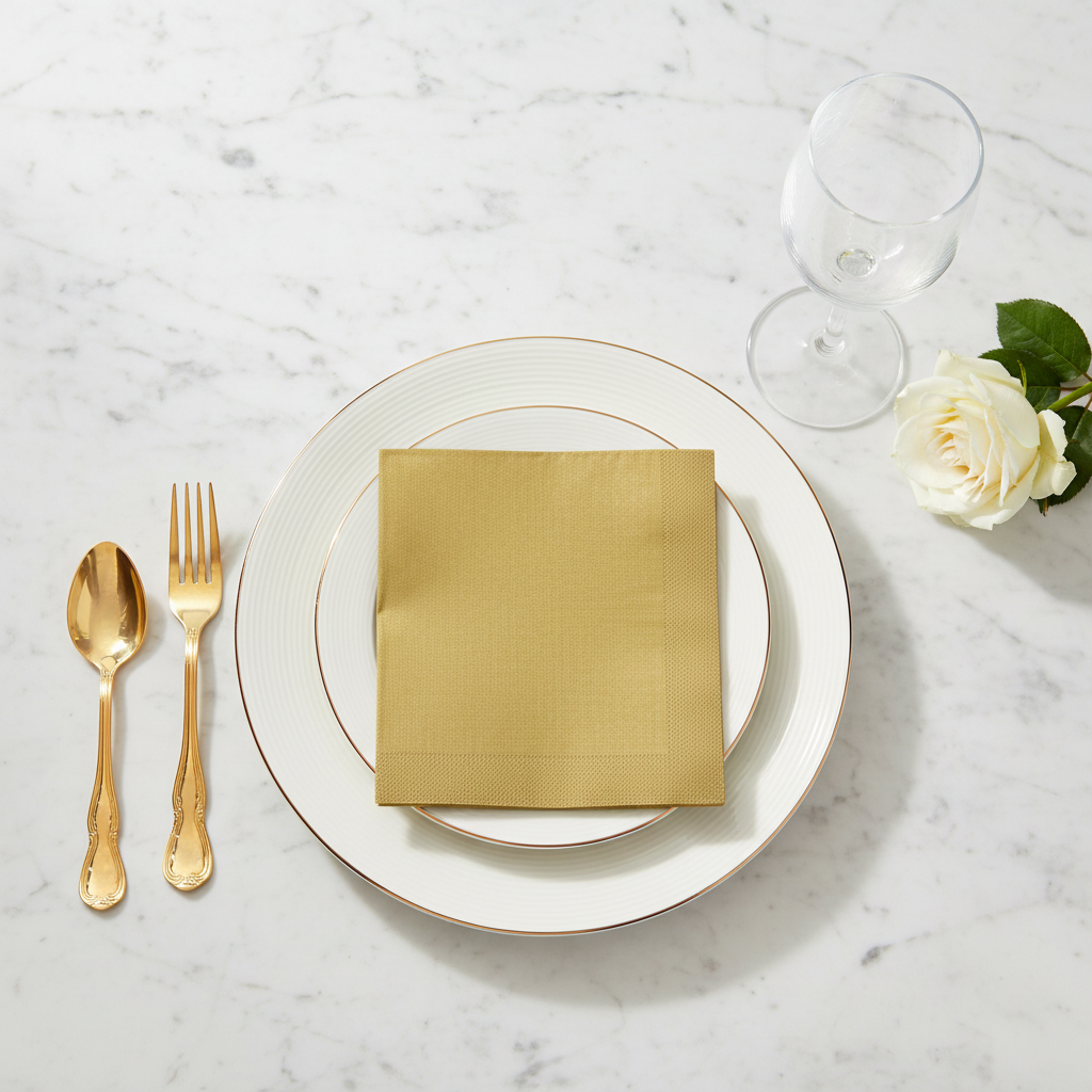 Serviette or intissée pliée sur assiette blanche bord doré fond marbre