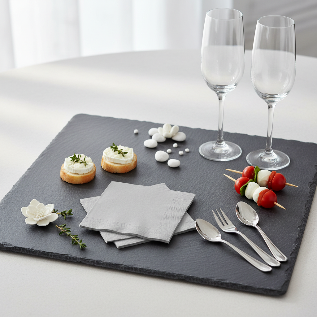 Serviette grise biodégradable - mise en situation apéritif ardoise