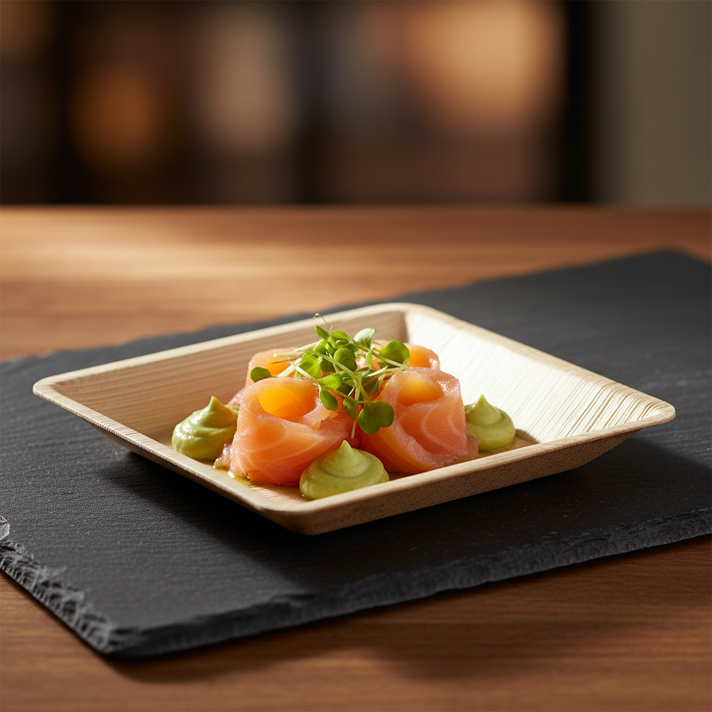 Assiette carrée palmier 18 cm avec saumon fumé avocat et microgreens sur ardoise, apéritif éco-premium