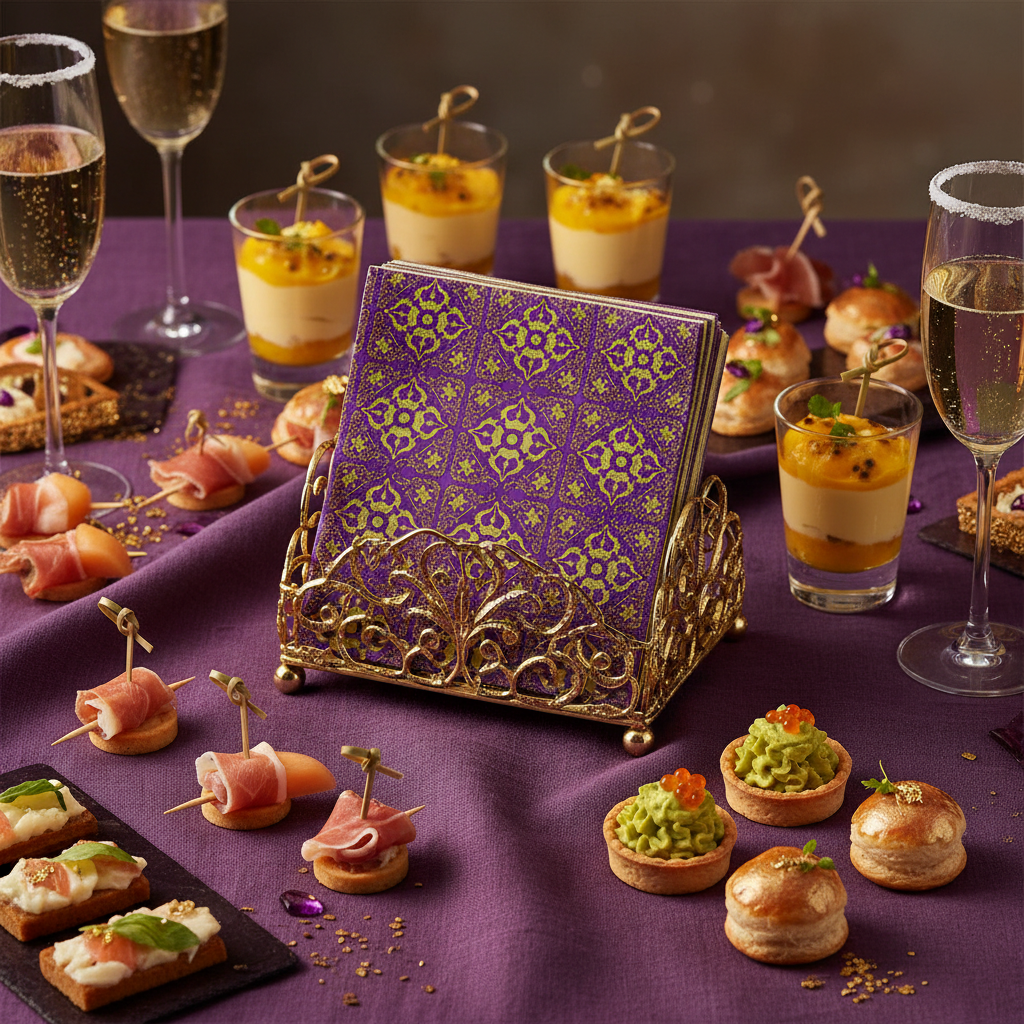 Serviette Paviot Orient gold-violet dans un buffet festif oriental