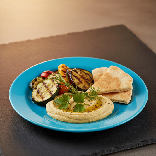 Assiette ronde bleu turquoise 24 cm avec légumes grills et houmous sur ardoise, apéritif élégant