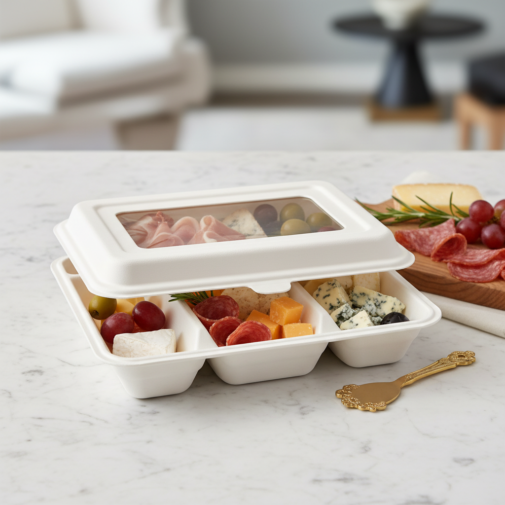Couvercle écologique pour plateau 5 compartiments sur marbre blanc avec apéritif sophistiqué