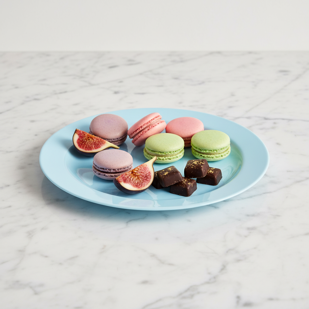 Assiette ronde bleu ciel 19cm sur marbre avec macarons et figues