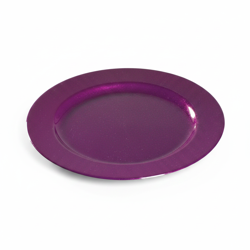 Assiette réutilisable ronde 24 cm pourpre paillетée, photo studio fond blanc, packshot produit