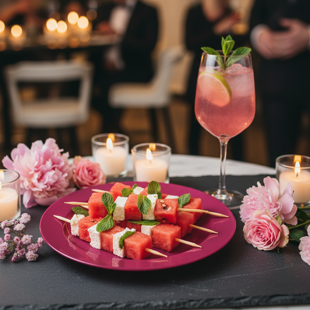 Assiette ronde rose magenta 19 cm avec pastèque féta et menthe sur ardoise, cocktail festif